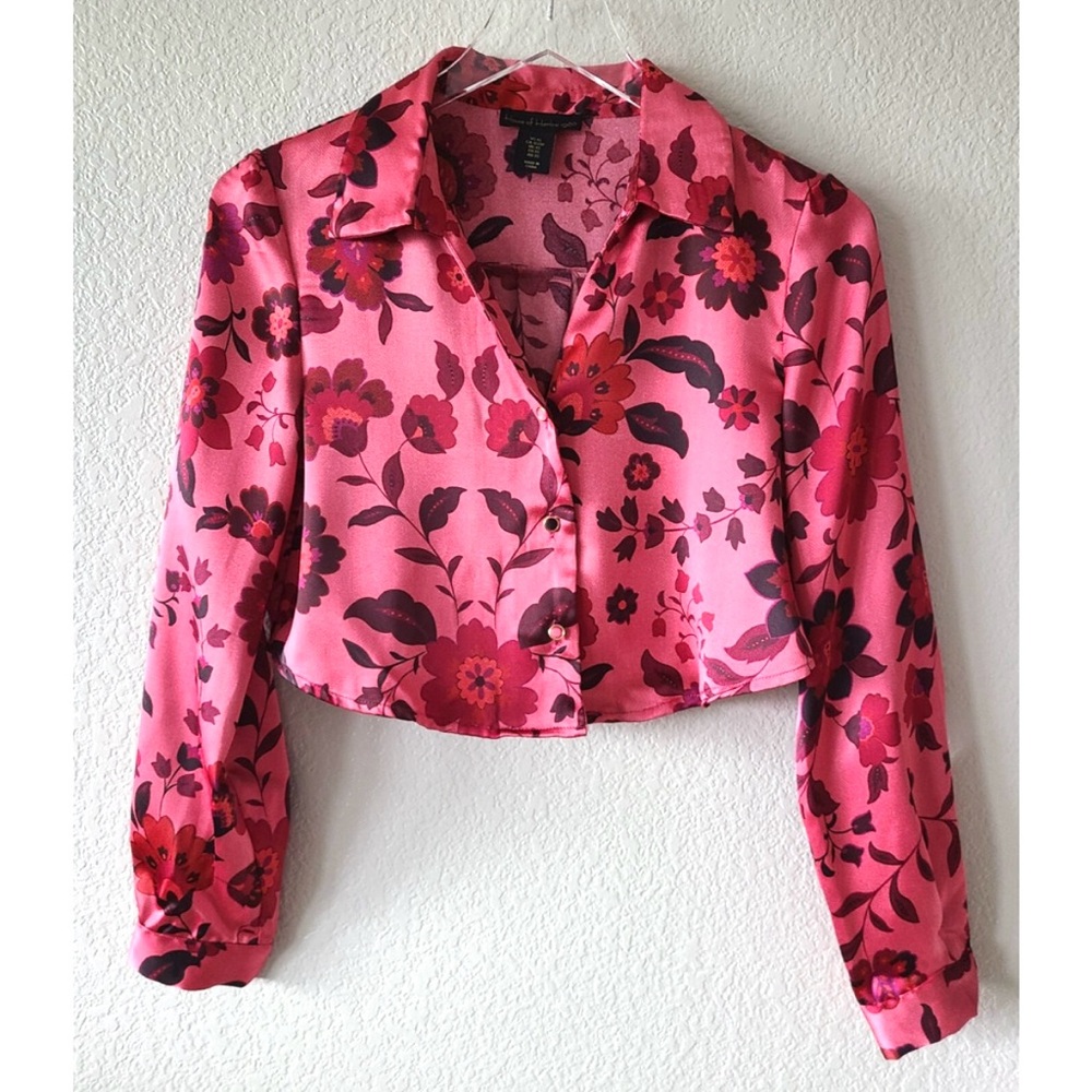 House of Harlow Red Floral Cropped Button Blouse